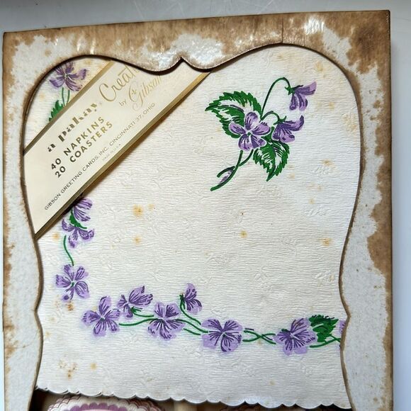 Vintage Gibson Violets 40 Paper Napkins & 20 Paper Coasters packaged boxed set - Picture 2 of 6